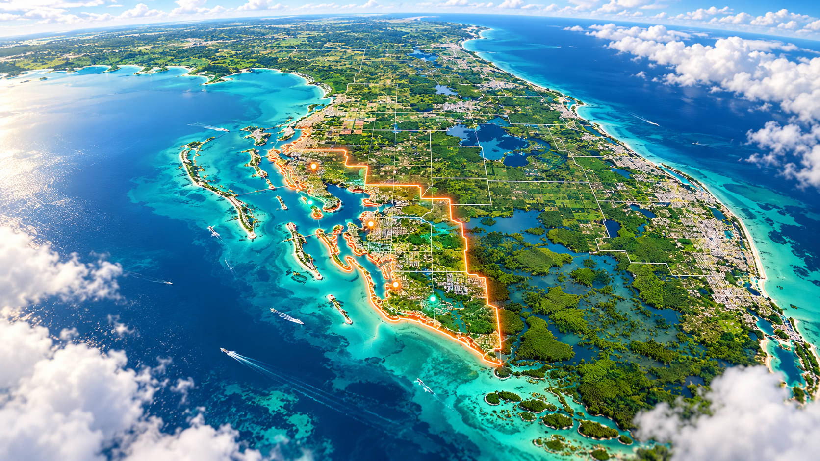 Stylized aerial map of Florida’s Gulf Coast with the Southwest Florida corridor outlined in coral.