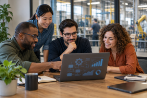 Small-business team reviewing analytics together in a modern operations workspace.